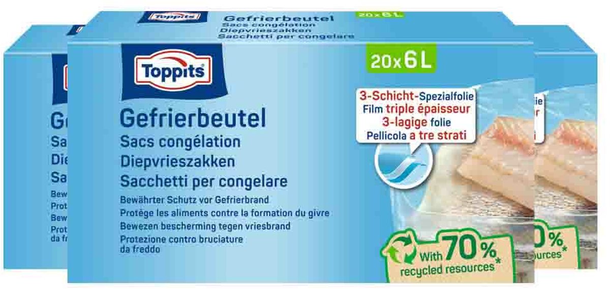 Toppits Diepvrieszakjes 6 liter - 3 x 20 stuks - Voordeelverpakking