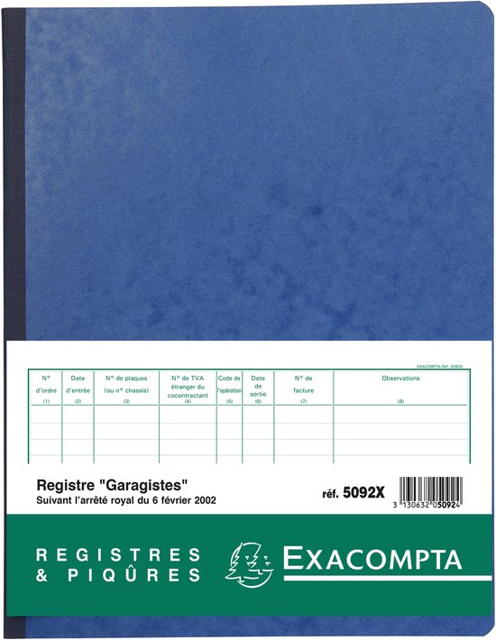Registre Exacompta bleu 'Garagistes' 5092X, avec tableau de suivi. Dimensions : 24x32 cm.