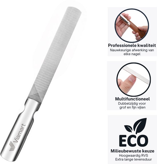 Lime à ongles métallique argentée avec logo Viamart et texte sur la qualité professionnelle, la multifonctionnalité et le choix écologique.