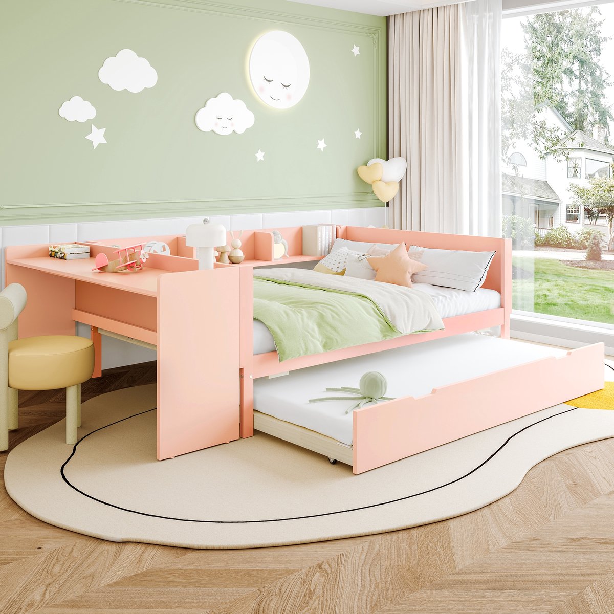Sweiko Kinderbed - 140x200 cm - met bureau + onderschuifbed - Dennenhouten bedframe - Roze