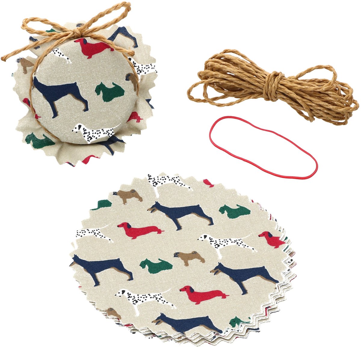 Crash glasdoek doily 10 stuks hondjes + elastiek + 4m jute koord