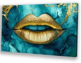 Gouden lippen op turquoise achtergrond - Lippen muurdecoratie - Muurkunst lichaamsdeel - Abstract expressionisme - Moderne schilderijen - Woonaccessoires - canvas 120x80 cm