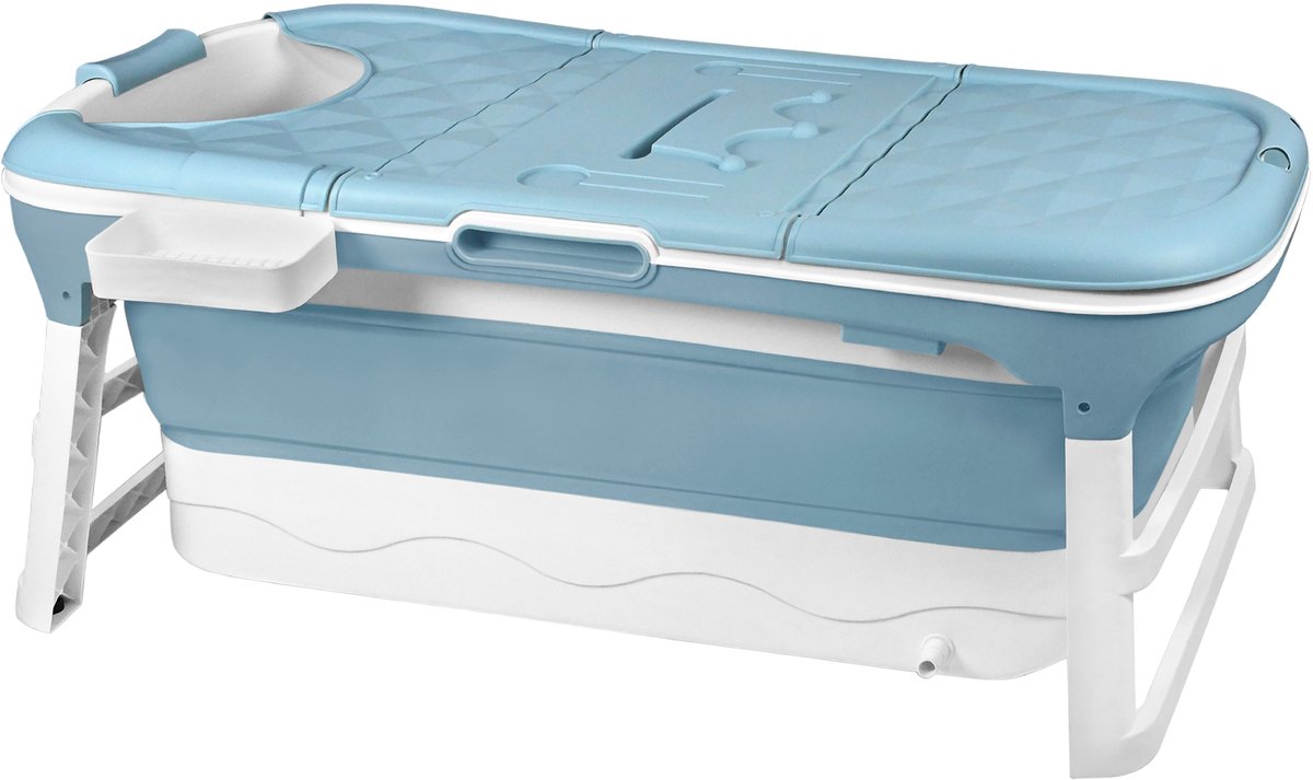 Aufun Opvouwbaar Bad128 X 62 X 52 Cm, Ideaal Voor Badkamer, Douche En Balkon, Met Deksel En Massagerollers, Zeepmand, Dik Plastic Draagbaar Bad - Blauw