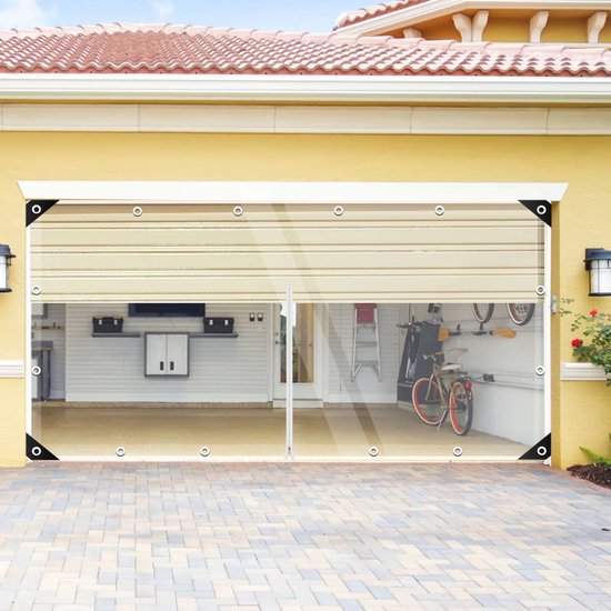 Transparante garagedeurhoes voor een gele garagedeur, met zicht op een garage-interieur met fietsen.