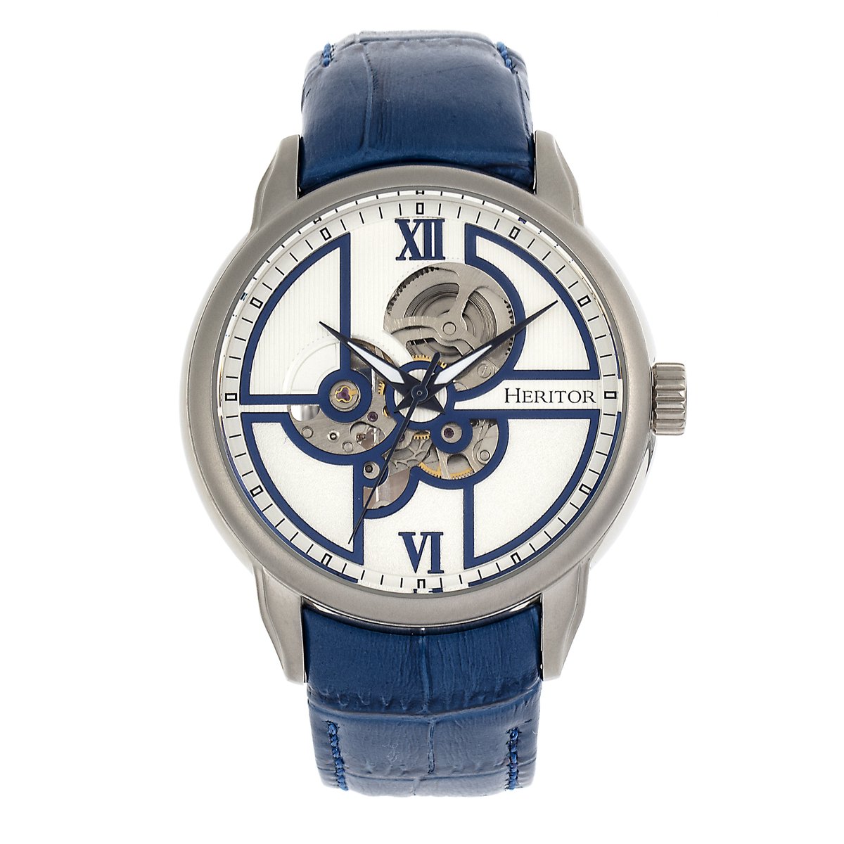Heritor Automatic Sanford Semi-Skelet leren band horloge - Zilver-Blauw