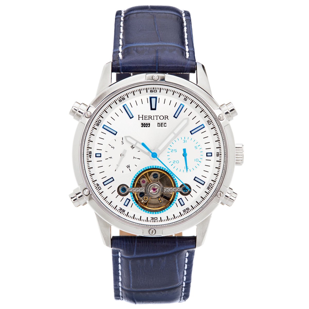 Heritor Automatic Wilhelm Semi-Skelet leren band horloge met dag-datum - zwart-zilver