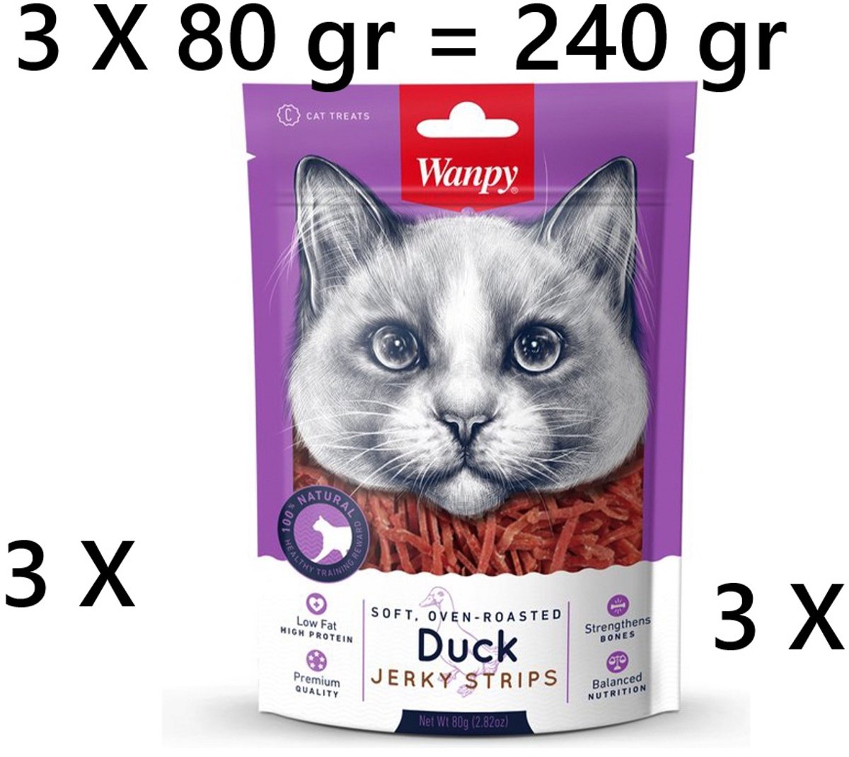 ** 3 X ** Wanpy jerky eend - kattensnack 80gr = 240 gram --100% naturel - soft oven roasted - premium kwaliteit- laag vetgehalte hoog eiwitgehalte
