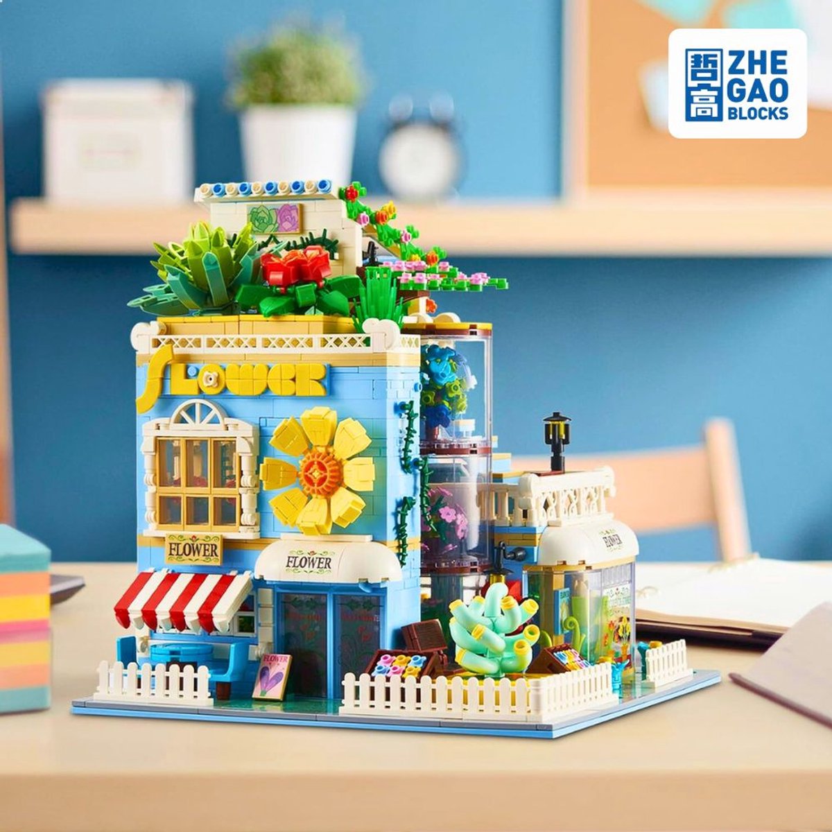 Zhe Gao DZ6120 Classic Bloemen winkel bouwset incl. 4 minifigures | City Achitecture Adventure Modelbouw | Educatief Creator speelgoed bouwpakketten voor kinderen & volwassenen | Niet compatibel met lego friends | Bouwdoos met 2091 bouwstenen — afbeelding 2