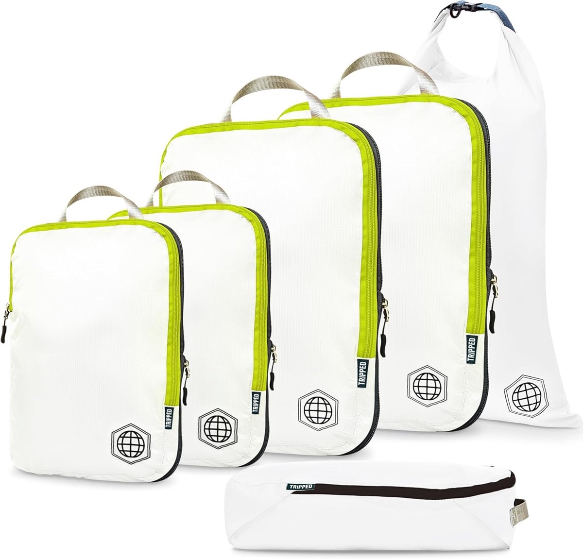 Compressie Verpakking Kubussen Set - Ruimtebesparende Bagage Organizer voor Handbagage (6 stuks, Wit/Groen)