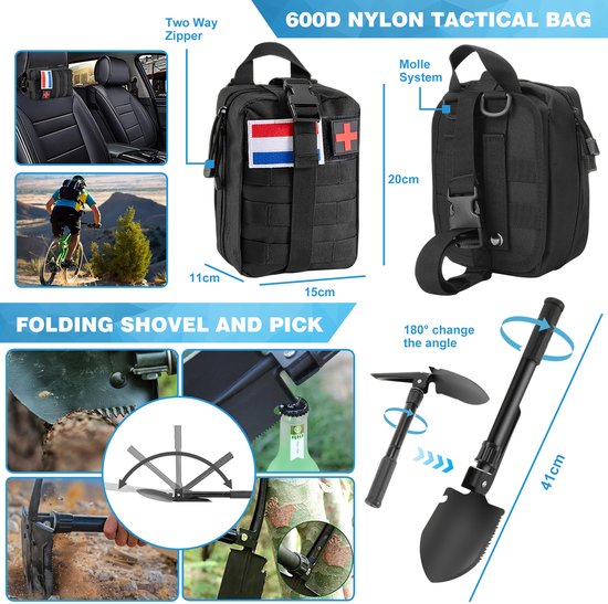 Zwarte tactische tas, 11x15x20cm, met MOLLE systeem en Nederlandse vlag patch. Bevat opvouwbare schep en pikhouweel met verstelbare hoek.