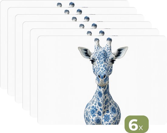 Placemats - 6 stuks - 45x30 cm - Placemat kunststof - Giraffe - Delfts blauw - Dieren - Minimalistisch - Borden onderleggers - Decoratie voor op tafel - Keuken tafeldecoratie accessoires - Vinyl onderlegger - Tafelversiering