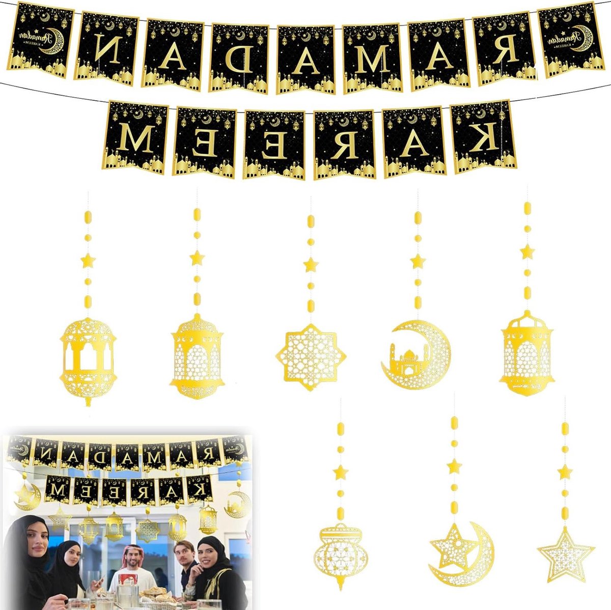Zwarte en Gouden Ramadan Mubarak Eid Decoraties - Prachtige Banner met Maan en Sterren Slinger voor Eid Festival - Verbeter uw Ramadan Kareem Decor met deze Feestbenodigdheden