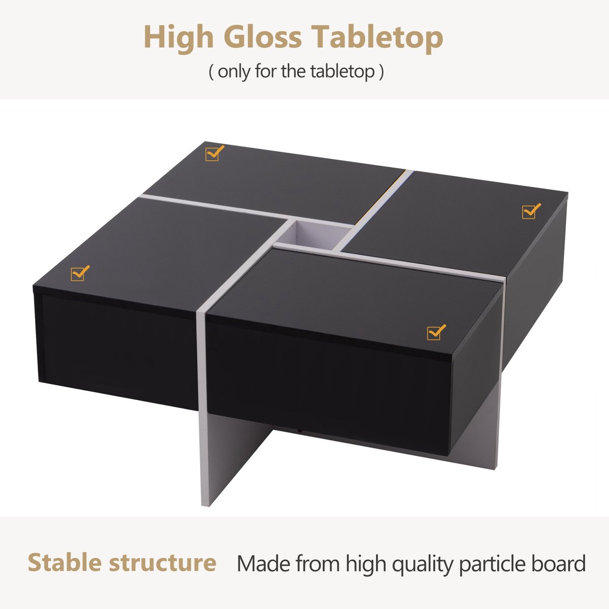 Salontafel 70x70cmx35.5, hoogglans vierkante tafel met lades en gouden accenten, zwart