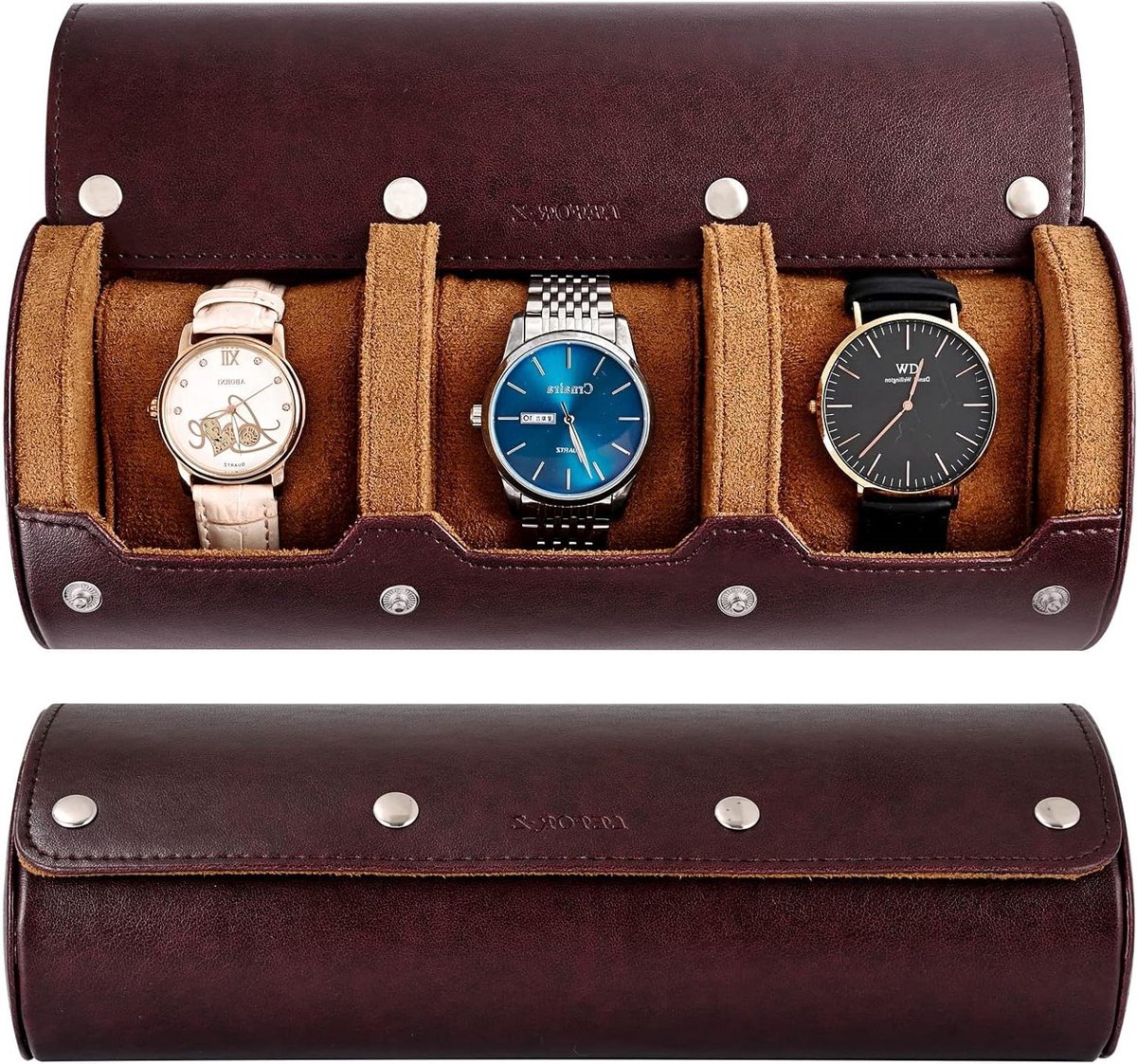 Horloge Roll Travel Case Box Organizer voor Mannen met 3 Slots Display Opslag Draagbare PU Lederen Case (Bruin)