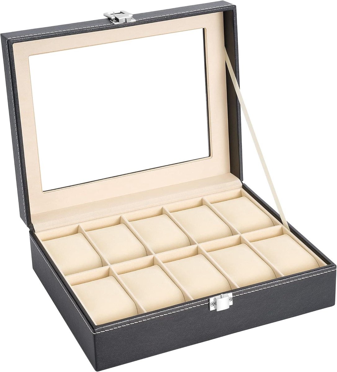 Titel: PU-lederen horlogedoos met glazen deksel