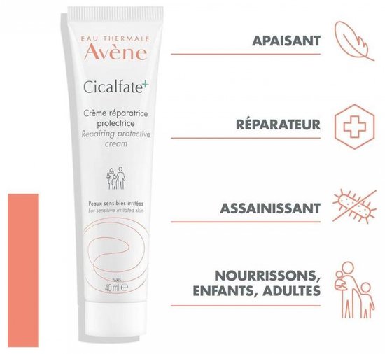 Witte tube met rode en grijze tekst. Avene Cicalfate+ crème is kalmerend, herstellend, zuiverend.