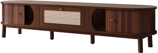 Donkerhouten tv-meubel met rieten middenlade, ronde zijvakken en messing knoppen.