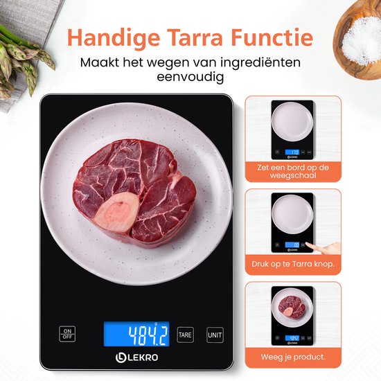 Lekro Digitale Precisie Keukenweegschaal – Weegschaal Keuken - 1gr-15kg – Tarra Functie - Zwart