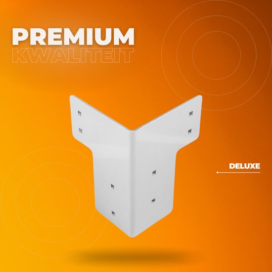 Witte, L-vormige hoekbeugel met vier gaten op elk been. Tekst 'PREMIUM KWALITEIT' en 'DELUXE'.