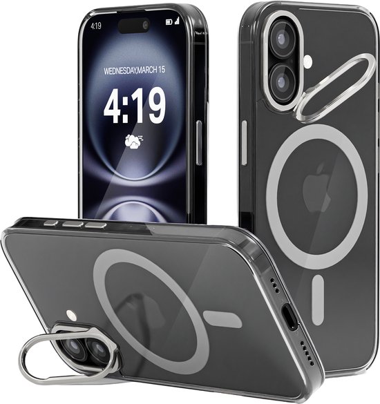 Transparant iPhone hoesje met MagSafe ring en ringstandaard. Drie hoeken getoond.