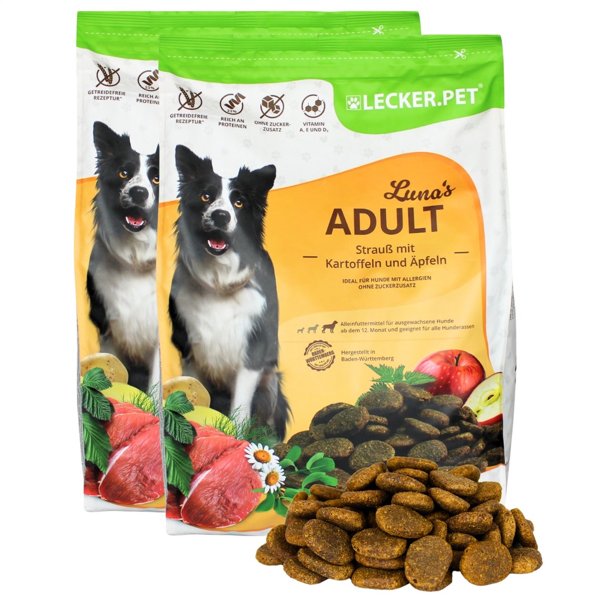 Lyra Pet 8 kg Lecker.Pet® Luna's Adult Struisvogel met Aardappel & Appel droog hondenvoer compleet voer