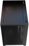 Zwarte computerkast met mesh bovenkant en zichtbare RGB-verlichting.