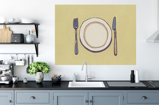 Muurstickers - Sticker Folie - Illustratie - Bord - Bestek - Beige - 120x90 cm - Plakfolie - Muurstickers Kinderkamer - Zelfklevend Behang - Zelfklevend behangpapier - Stickerfolie