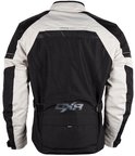Achterkant van zwart en grijs motorjack met logo 'DXR' en ventilatie.