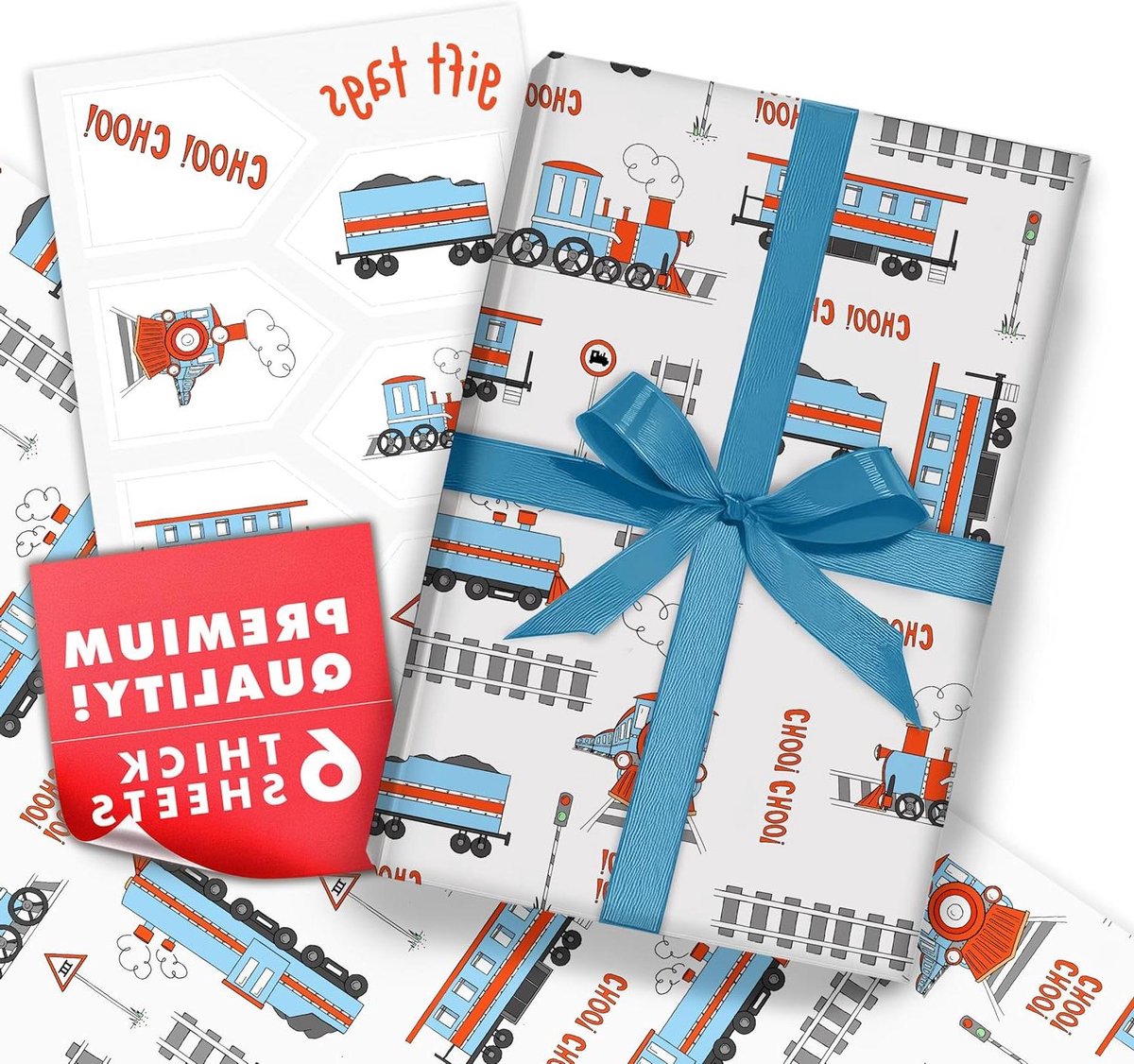Papier Cadeau Train Vintage Pour Garçon - 6 Feuilles + 6 Étiquettes - Thème Voies Ferroviaires Central 23