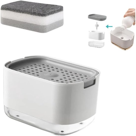 2-in-1 Zeepdispenser - Zeeppompje Met Sponsbakje - Dispenser Voor Zeep Of Afwasmiddel - Vaatdoekhouder - Keuken Zeepdispenser - Handmatige Pers - Voor Spons, Schoonmaakdoekjes en Borstel - Wit - 1 Stuk