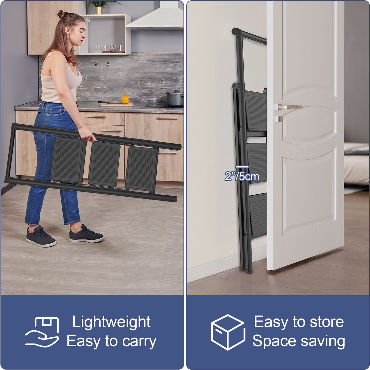 NAIZY Trapladder 3 Treden Inklapbare Ladder Vouwladder, Huishoudladder, Opstapje met Leuningen & 30x20cm Brede Treeplank tot 250KG Belastbaar, Zwart – foto 4