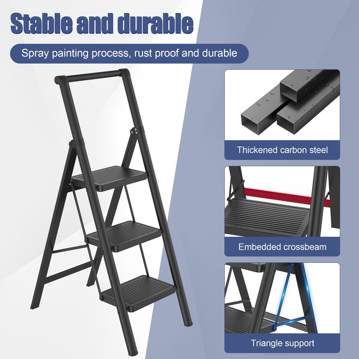 NAIZY Trapladder 3 Treden Inklapbare Ladder Vouwladder, Huishoudladder, Opstapje met Leuningen & 30x20cm Brede Treeplank tot 250KG Belastbaar, Zwart – foto 3