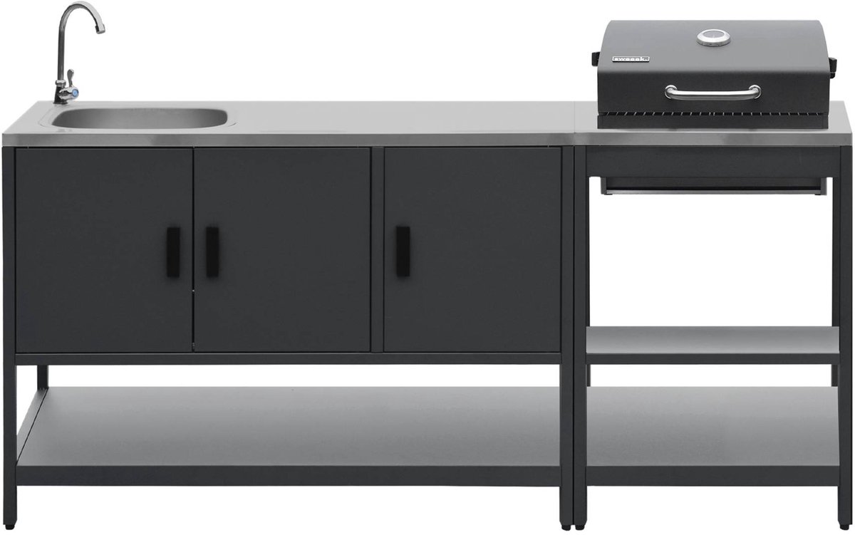 sweeek - 2 buitenkeukenmodules met barbecue op houtskool en gootsteen staal - naxos