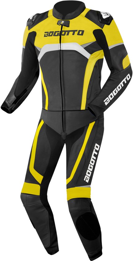 Combinaison de moto noire avec des accents Bogotto jaunes sur le devant, les côtés des jambes et les manches. En cuir.