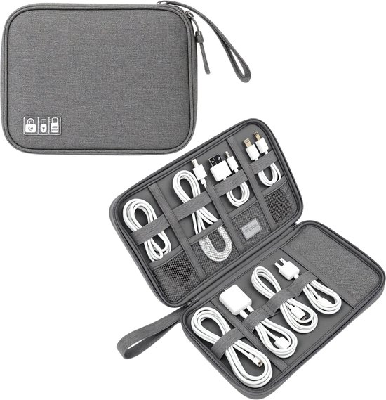 Keboyoe 2 stuks kabeltas-organizer, kleine reiskabelorganizer, draagbare organizer voor elektronica-accessoires, organizer voor kabels, koord, oplader, USB-station, telefoon (zwart, grijs), Grijs