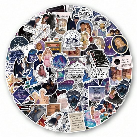 Ronde compilatie van cartoonstickers met fantasiepersonages, boeken en landschappen.