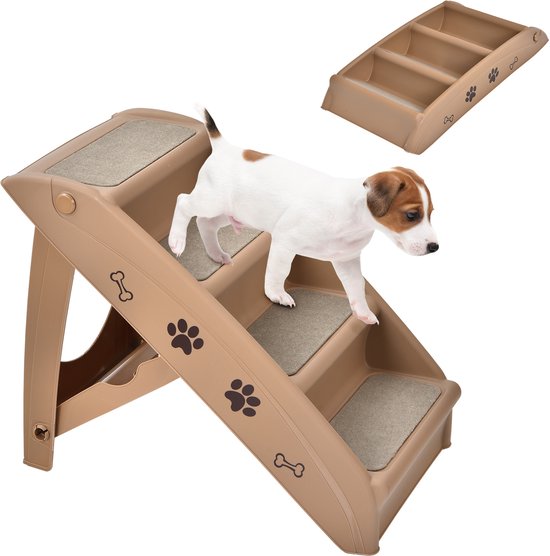 COSTWAY Huisdiertrap met 4 treden met vloerbedekking, hondentrap, kunststof kattentrap, opvouwbaar, hondenhelling, draagbaar, dierentrap voor honden en katten, dierenhelling om te klimmen en te