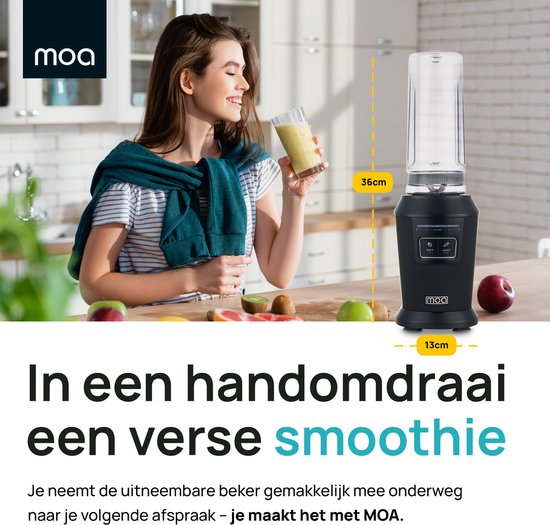 MOA Mini Blender - Blender to Go - Smoothie Maker - 2 To-Go Bekers 600 ml - 800W - Zwart van MOA — afbeelding 3