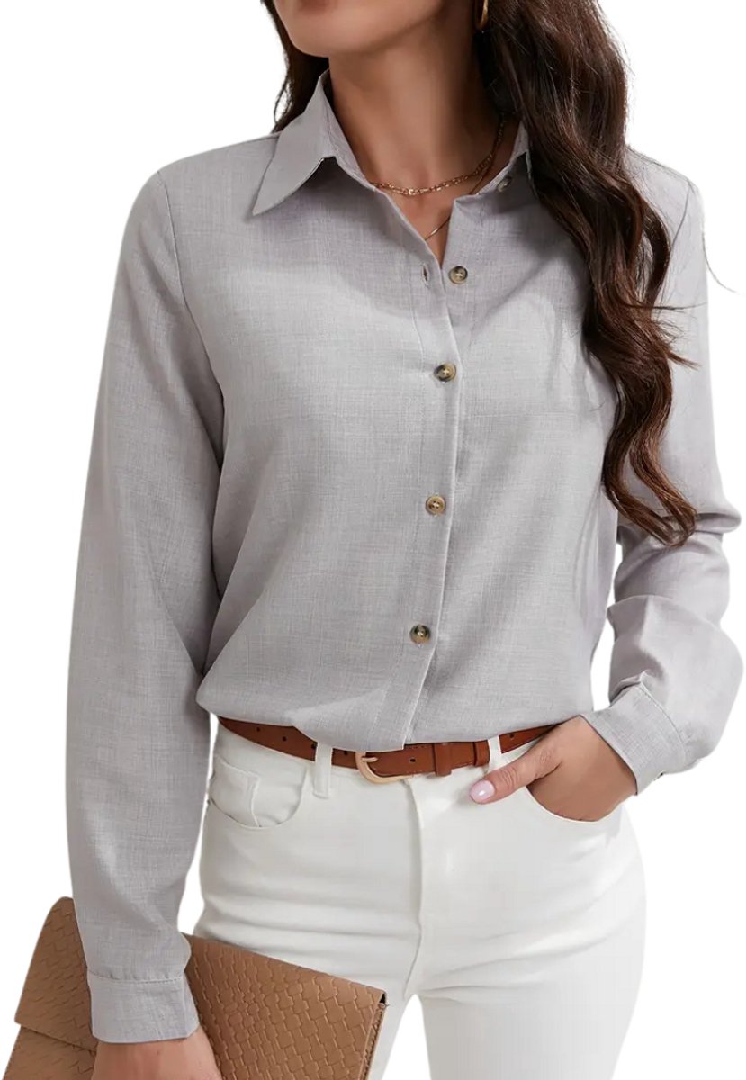 Livano Linnen Blouse Dames T-Shirt Polo Overhemd Shirt Zomer Ibiza Stijl Lichtgrijs