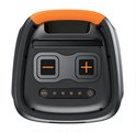 Bovenkant van een zwarte Denver Bluetooth speaker met oranje handvat. Knoppen voor volume, mode, LED en aan/uit.