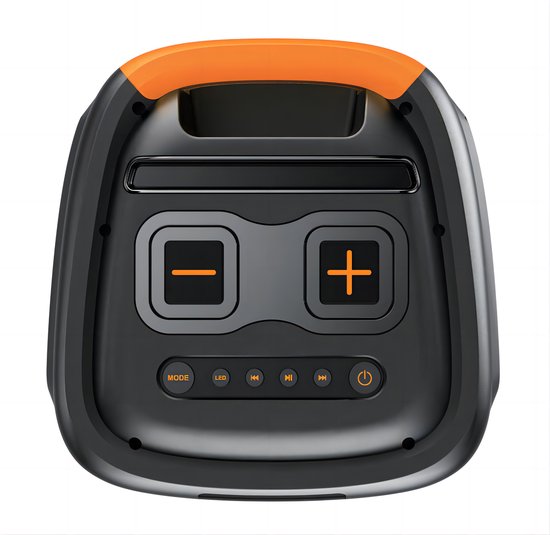 Bovenkant van een zwarte Denver Bluetooth speaker met oranje handvat. Knoppen voor volume, mode, LED en aan/uit.