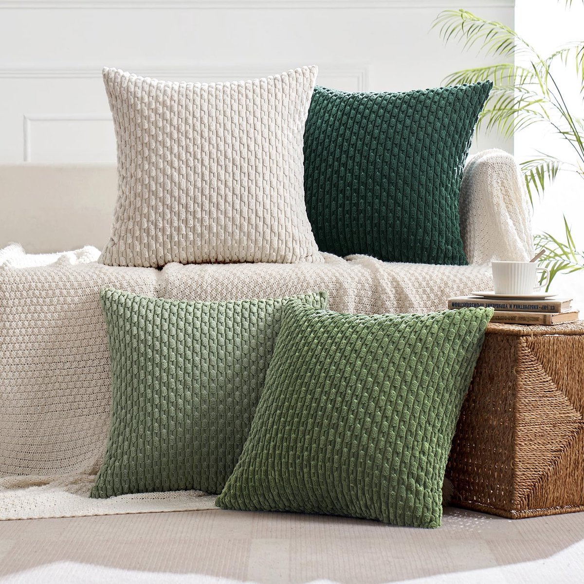 Ibenzoa Stijlvolle Set van 4 Ribfluweel Kussenhoezen voor Moderne Woonkamer en Slaapkamer, 40 x 40 cm, Groen