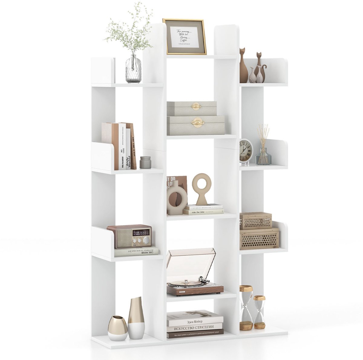 Costway Boekenkast in boomvorm, rek met 13 open vakken, staand rek, opbergrek voor woonkamer of kantoor, vintage bruin, 86 x 24,5 x 141 cm, wit