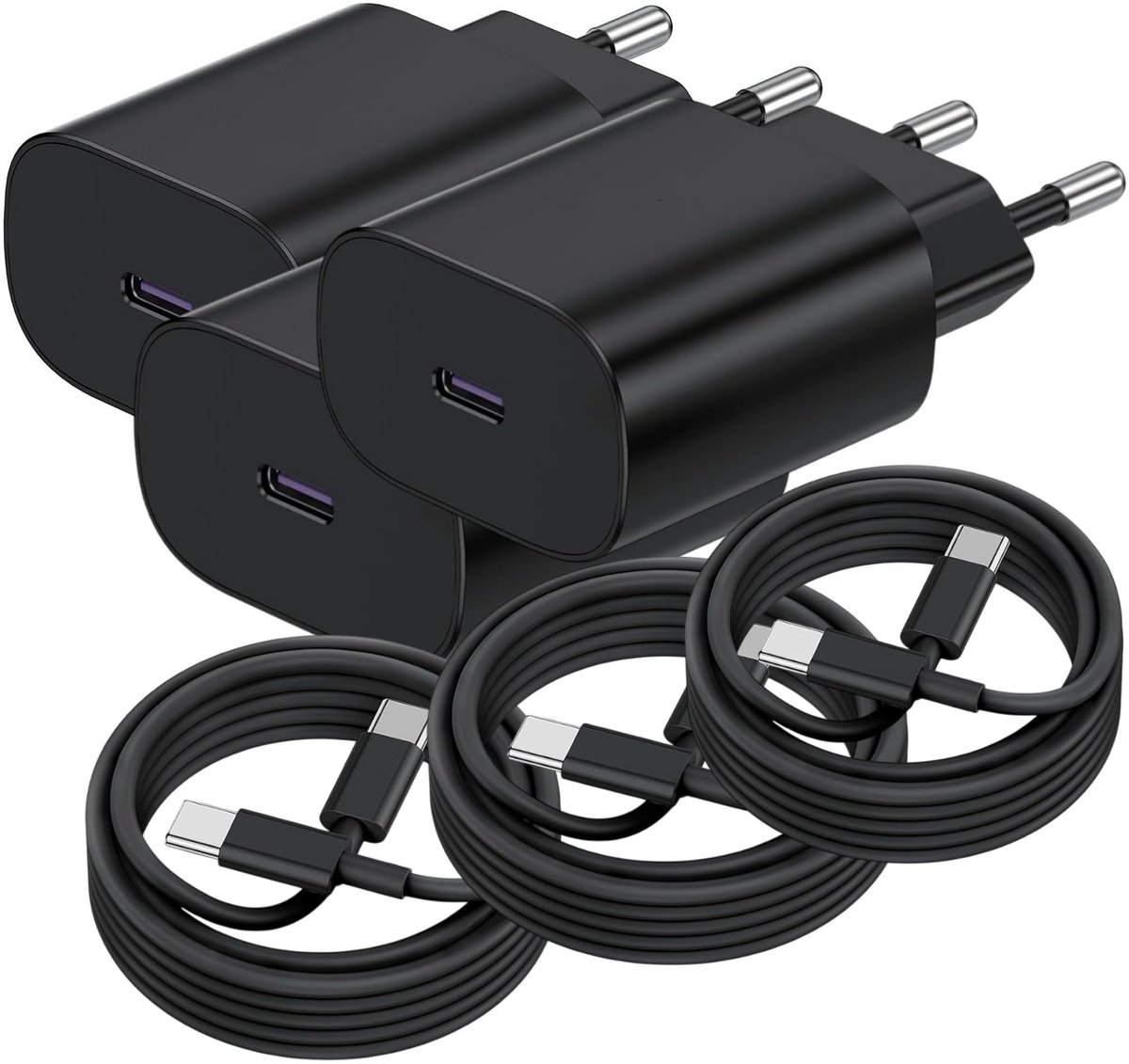 USB C Snellader 25W + USB-C Kabel 3M - 3 Pack - Oplader - USB-C Lader - Zwart