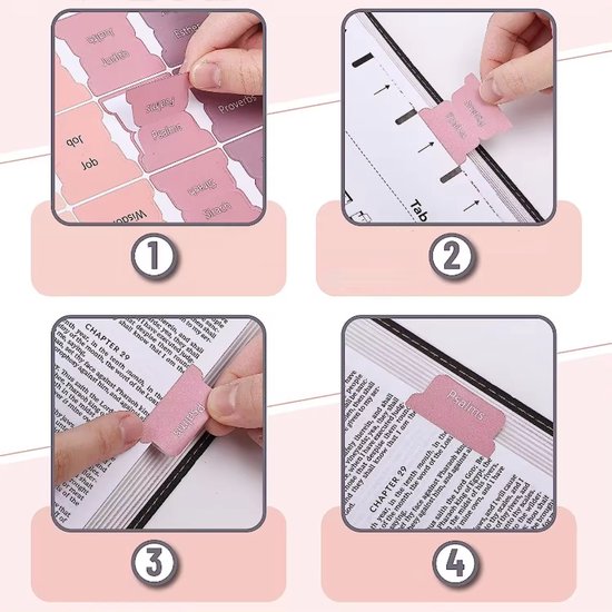 Vier afbeeldingen die het aanbrengen van pastelkleurige bijbel tabstickers demonstreren, met titels zoals 'Job', 'Psalms', 'Proverbs'.