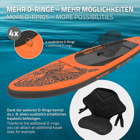 Opblaasbare Stand Up Paddle Board Makani Oranje, 320x82x15 cm, incl. pomp en draagtas, gemaakt van PVC en EVA