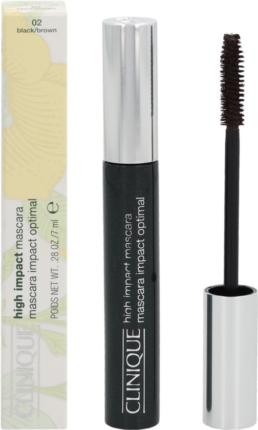 Clinique High Impact Mascara 02 zwart/bruin met kartonnen verpakking met bloemenprint.
