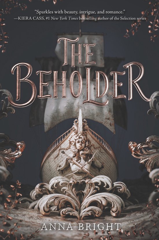 Couverture de livre avec le titre 'The Beholder' en lettres couleur cuivre, avec une image de navire et des ornements.