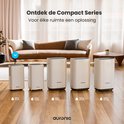 Vijf witte Auronic luchtontvochtigers van de Compact Series, variërend in grootte van 10L tot 25L, staan opgesteld op een houten vloer voor een bank.
