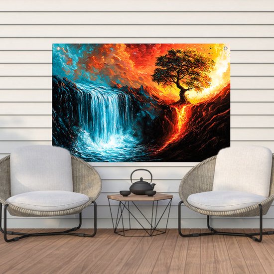 Magische waterval met vurige boom - Dualiteit tuinprints - Tuinschilderijen waterval - Surrealistisch - Weerbestendige decoratie - Wandposter voor tuin - tuinposter 45x30 cm